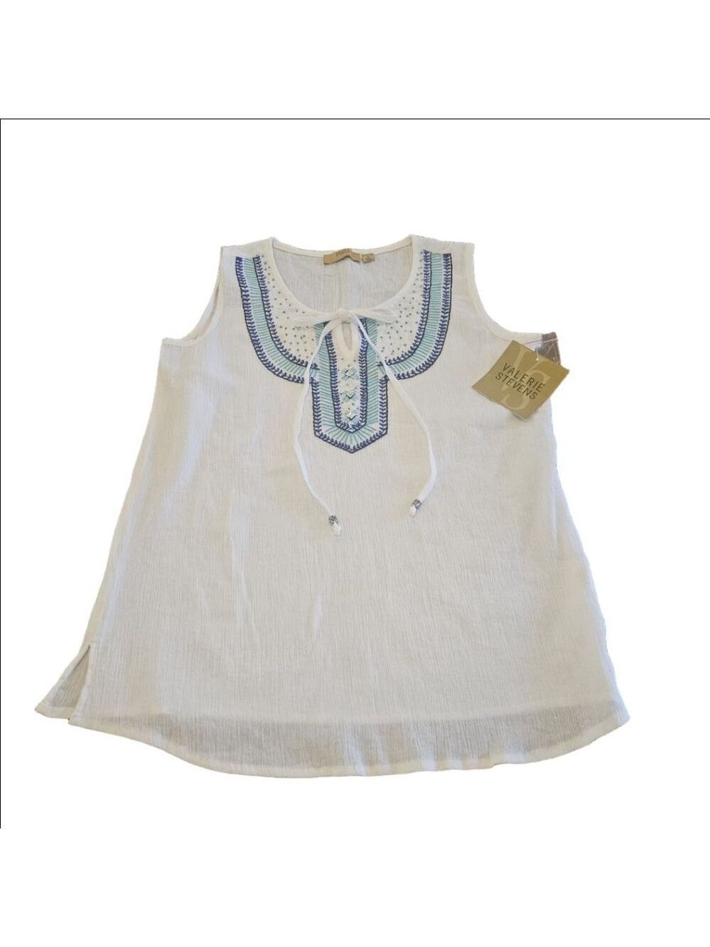 Women's VALERIE STEVENS NWT White & Blue Embroidered Tank Top M